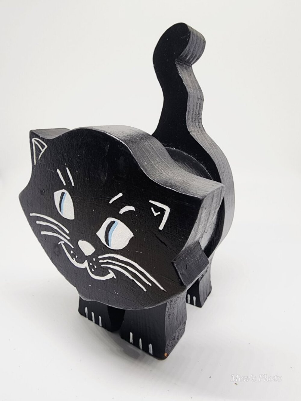 Vintage - Wooden Folk Art Cat Figurine Hand-Painted Blue Eyes